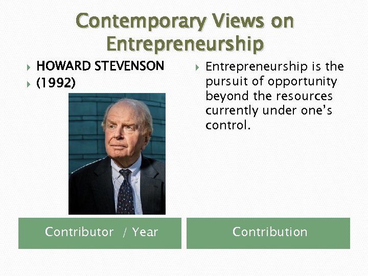Contemporary Views on Entrepreneurship HOWARD STEVENSON (1992) Contributor / Year Entrepreneurship is the pursuit