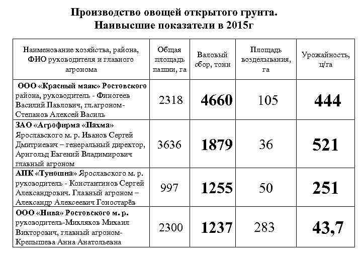 Производство овощей открытого грунта. Наивысшие показатели в 2015 г Наименование хозяйства, района, ФИО руководителя