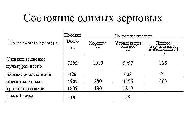 Состояние озимых зерновых Наименование культуры Озимые зерновые культуры, всего из них: рожь озимая пшеница
