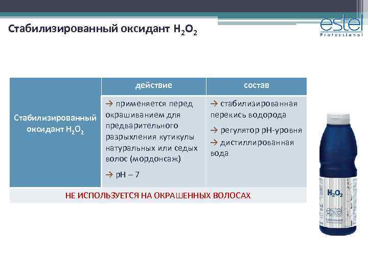 Стабилизированный оксидант H 2 O 2 действие → применяется перед Стабилизированный окрашиванием для предварительного