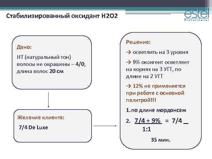 Стабилизированный оксидант H 2 O 2 Дано: НТ (натуральный тон) волосы не окрашены –