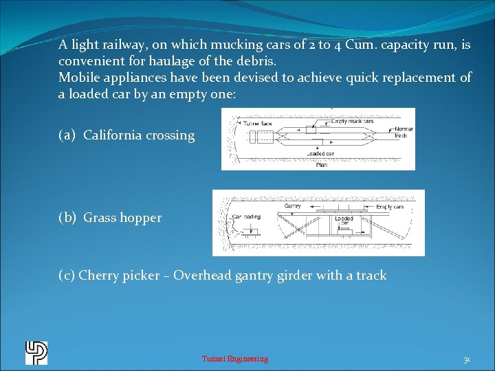 A light railway, on which mucking cars of 2 to 4 Cum. capacity run,