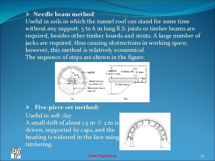 Ø Needle beam method Useful in soils in which the tunnel roof can stand