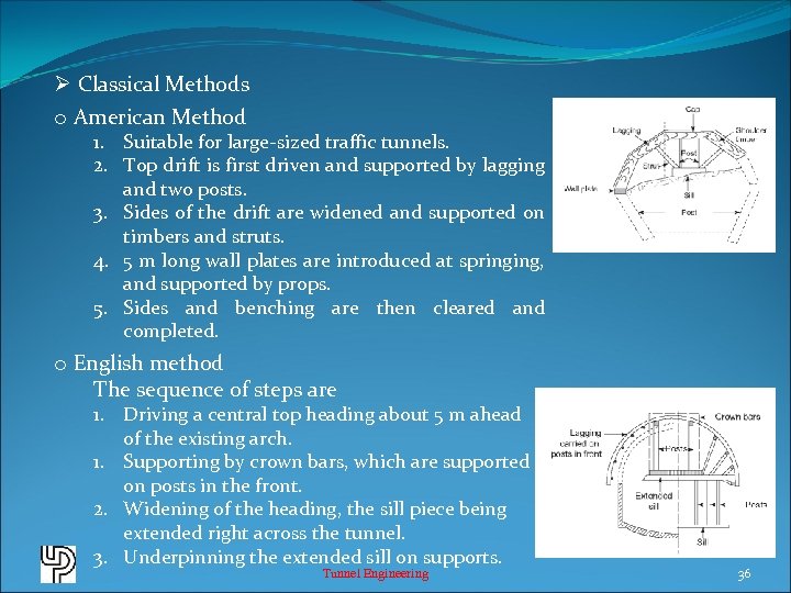 Ø Classical Methods o American Method 1. Suitable for large-sized traffic tunnels. 2. Top
