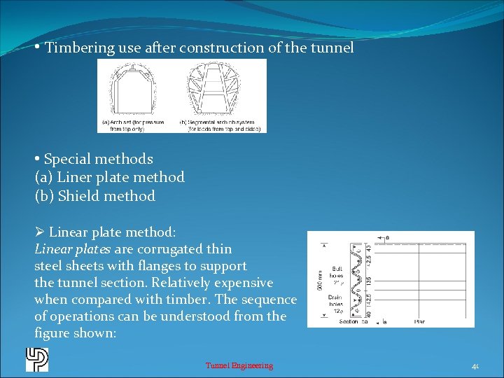  • Timbering use after construction of the tunnel • Special methods (a) Liner