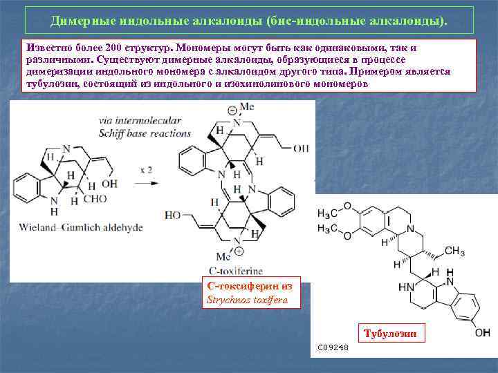 Димерные индольные алкалоиды (бис-индольные алкалоиды). Известно более 200 структур. Мономеры могут быть как одинаковыми,
