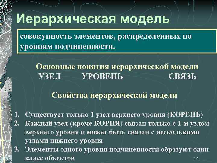 Иерархическая модель совокупность элементов, распределенных по уровням подчиненности. Основные понятия иерархической модели УЗЕЛ УРОВЕНЬ
