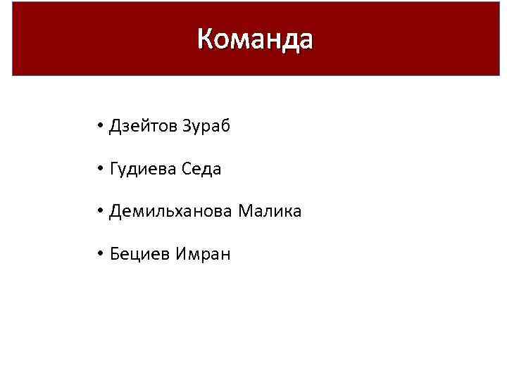 Контакты Команда • Дзейтов Зураб • Гудиева Седа • Демильханова Малика • Бециев Имран