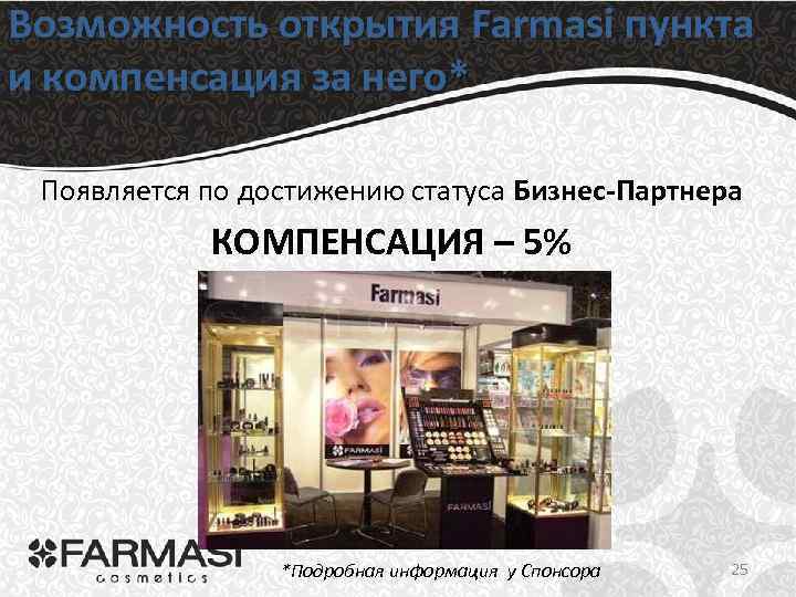 Возможность открытия Farmasi пункта и компенсация за него* Появляется по достижению статуса Бизнес-Партнера КОМПЕНСАЦИЯ