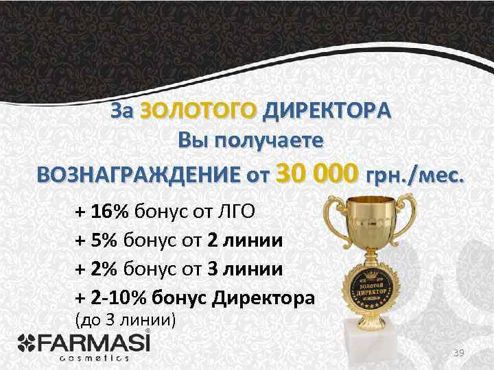 За ЗОЛОТОГО ДИРЕКТОРА Вы получаете ВОЗНАГРАЖДЕНИЕ от 30 000 грн. /мес. + 16% бонус