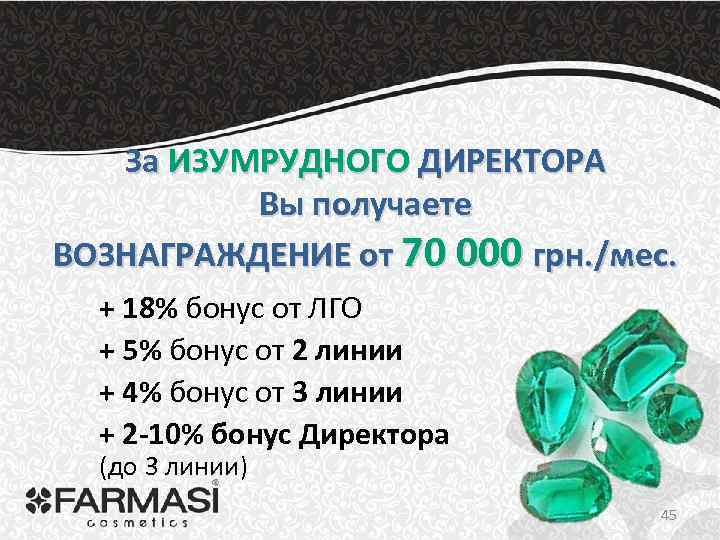 За ИЗУМРУДНОГО ДИРЕКТОРА Вы получаете ВОЗНАГРАЖДЕНИЕ от 70 000 грн. /мес. + 18% бонус