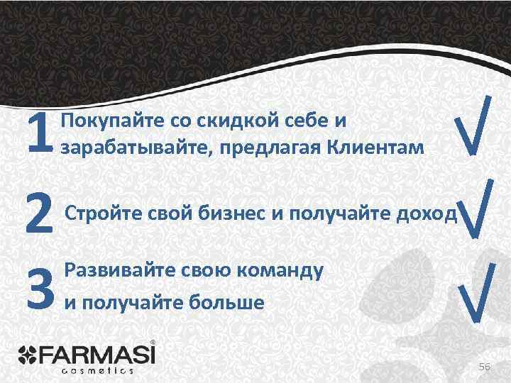 1 2 3 Покупайте со скидкой себе и зарабатывайте, предлагая Клиентам Стройте свой бизнес