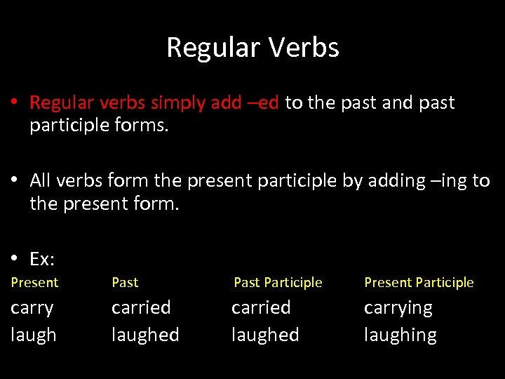 Regular Verbs • Regular verbs simply add –ed to the past and past participle