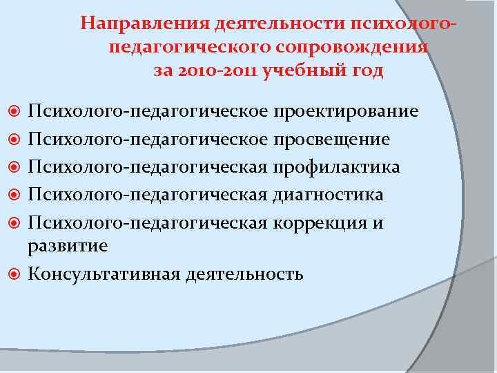 Направления деятельности психологопедагогического сопровождения за 2010 -2011 учебный год Психолого-педагогическое проектирование Психолого-педагогическое просвещение Психолого-педагогическая