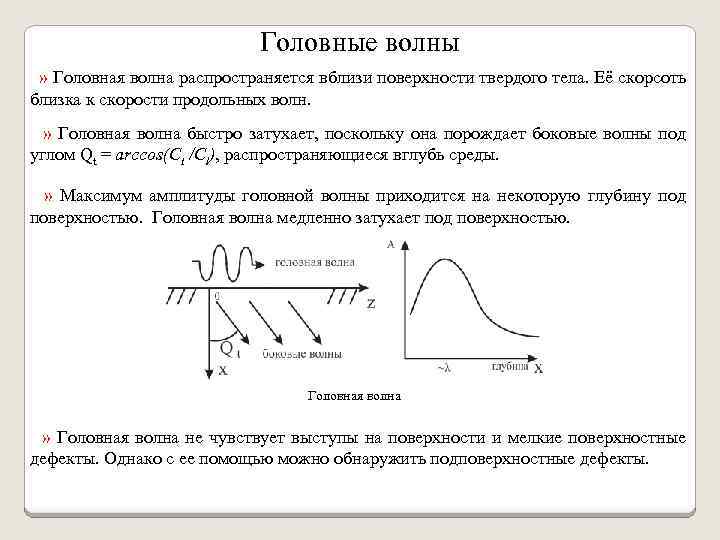 Головные волны » Головная волна распространяется вблизи поверхности твердого тела. Её скорсоть близка к