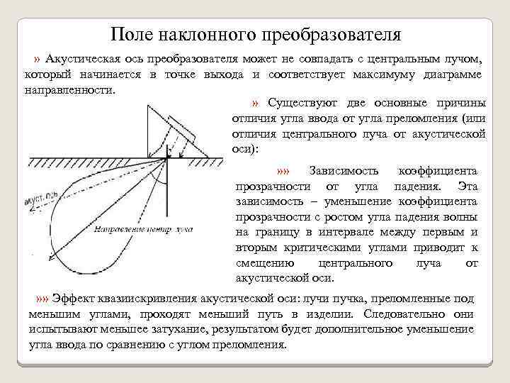 Поле наклонного преобразователя » Акустическая ось преобразователя может не совпадать с центральным лучом, который