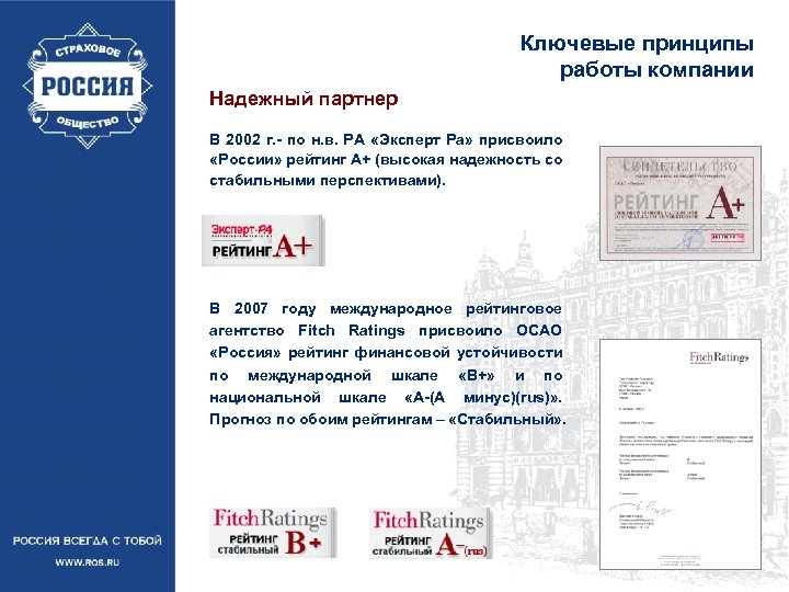 Ключевые принципы работы компании Надежный партнер В 2002 г. - по н. в. РА