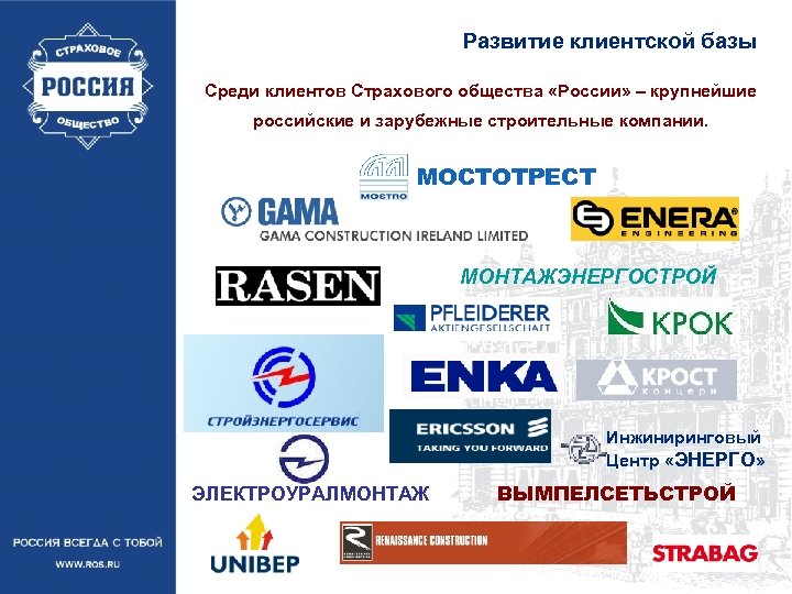 Развитие клиентской базы Среди клиентов Страхового общества «России» – крупнейшие российские и зарубежные строительные