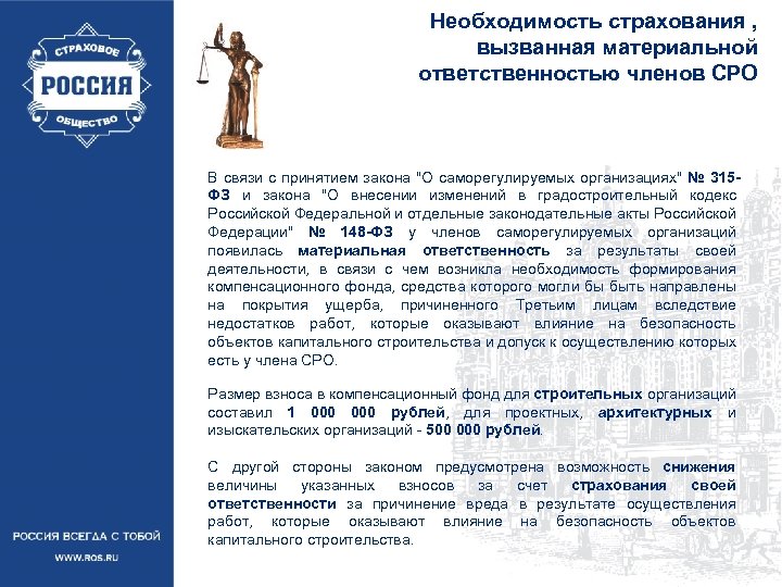Необходимость страхования , вызванная материальной ответственностью членов СРО В связи с принятием закона 