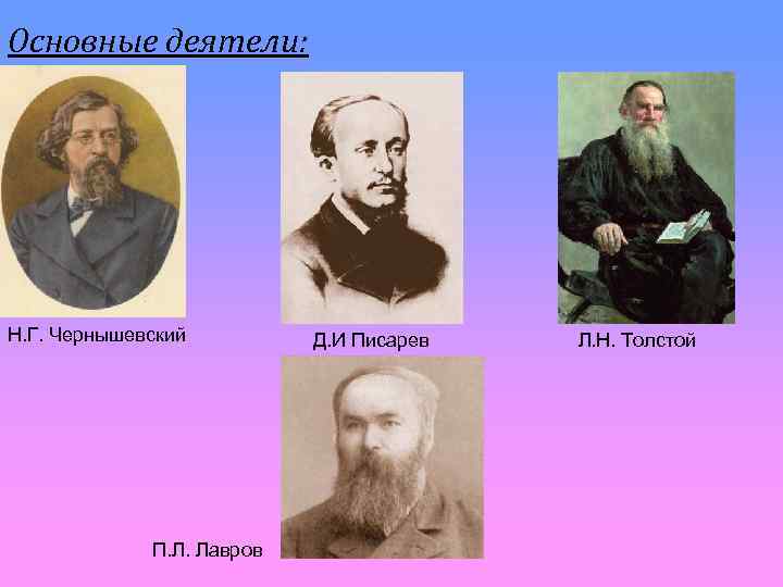 Основные деятели: Н. Г. Чернышевский П. Л. Лавров Д. И Писарев Л. Н. Толстой