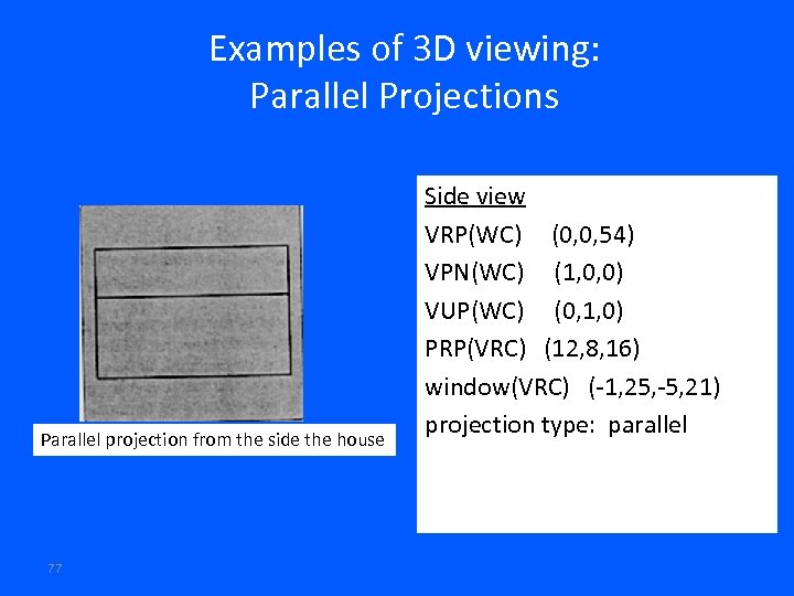 Examples of 3 D viewing: Parallel Projections Parallel projection from the side the house