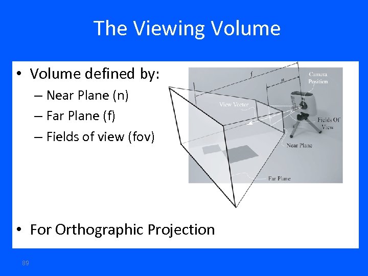 The Viewing Volume • Volume defined by: – Near Plane (n) – Far Plane