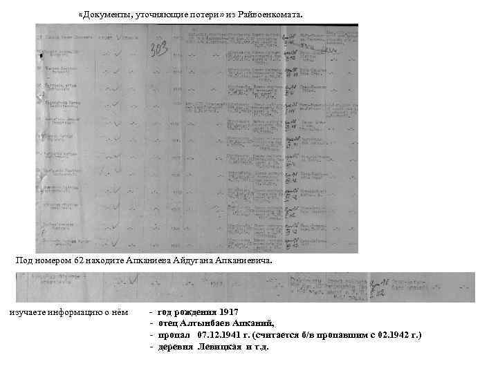  «Документы, уточняющие потери» из Райвоенкомата. Под номером 62 находите Апканиева Айдугана Апканиевича. изучаете