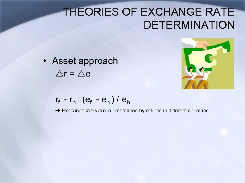 THEORIES OF EXCHANGE RATE DETERMINATION • Asset approach rr = re rf - rh