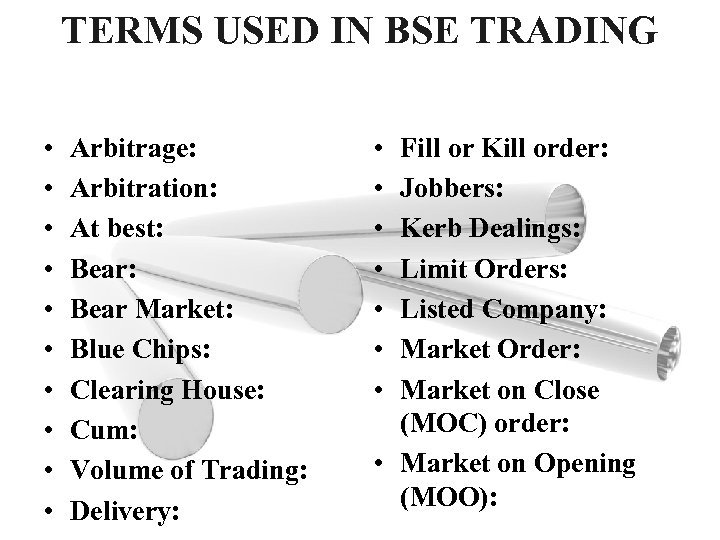 TERMS USED IN BSE TRADING • • • Arbitrage: Arbitration: At best: Bear Market: