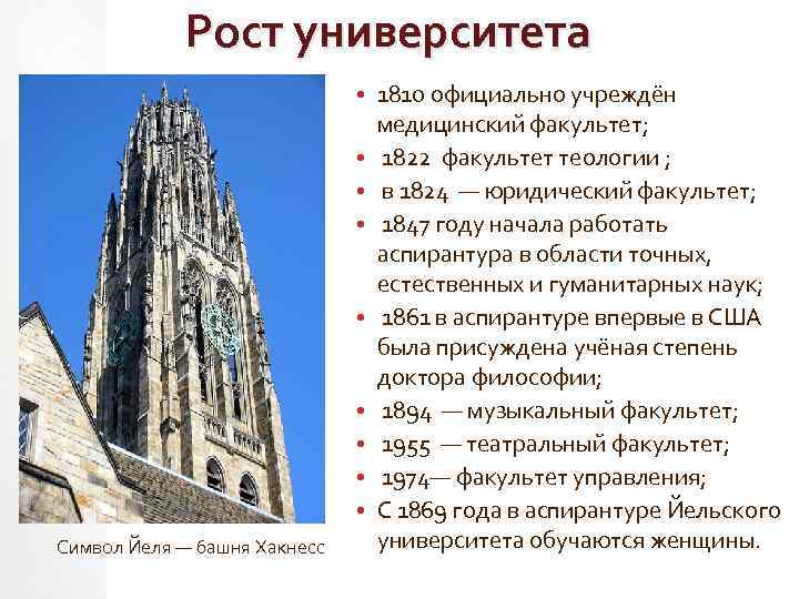 Рост университета Символ Йеля — башня Хакнесс • 1810 официально учреждён медицинский факультет; •