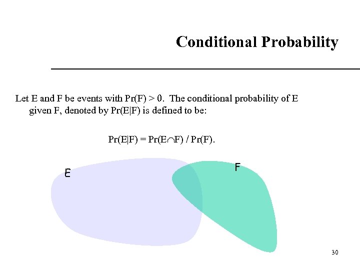 Conditional Probability Let E and F be events with Pr(F) > 0. The conditional