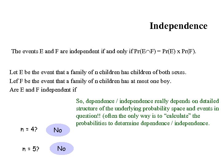 Independence The events E and F are independent if and only if Pr(E F)