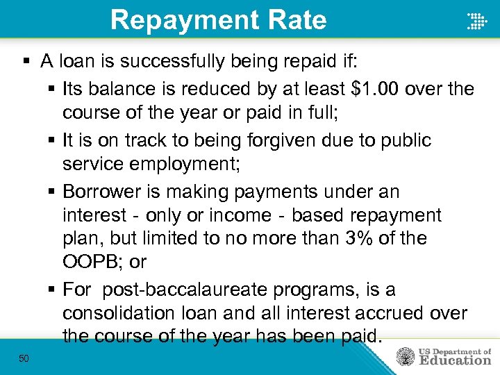 Repayment Rate § A loan is successfully being repaid if: § Its balance is