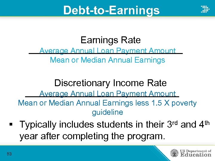 Debt-to-Earnings Rate Average Annual Loan Payment Amount Mean or Median Annual Earnings Discretionary Income