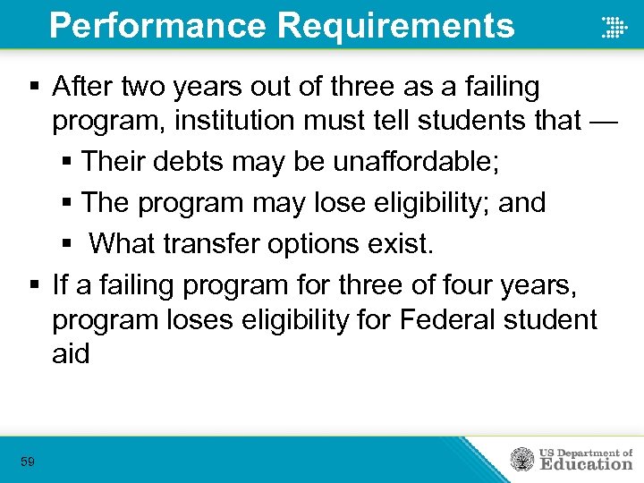 Performance Requirements § After two years out of three as a failing program, institution