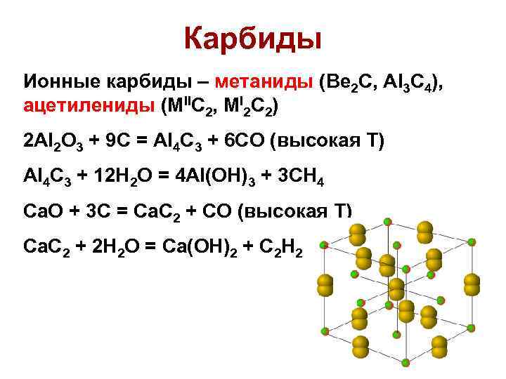 Карбиды Ионные карбиды – метаниды (Be 2 C, Al 3 C 4), ацетилениды (MIIC