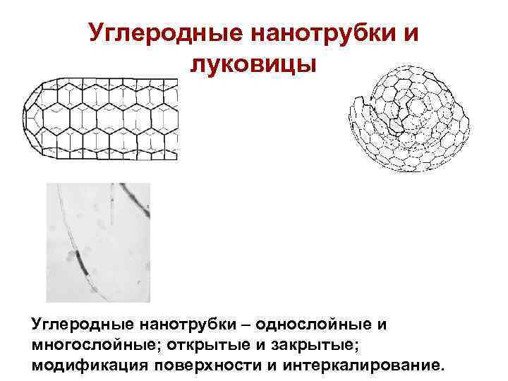 Углеродные нанотрубки и луковицы Углеродные нанотрубки – однослойные и многослойные; открытые и закрытые; модификация