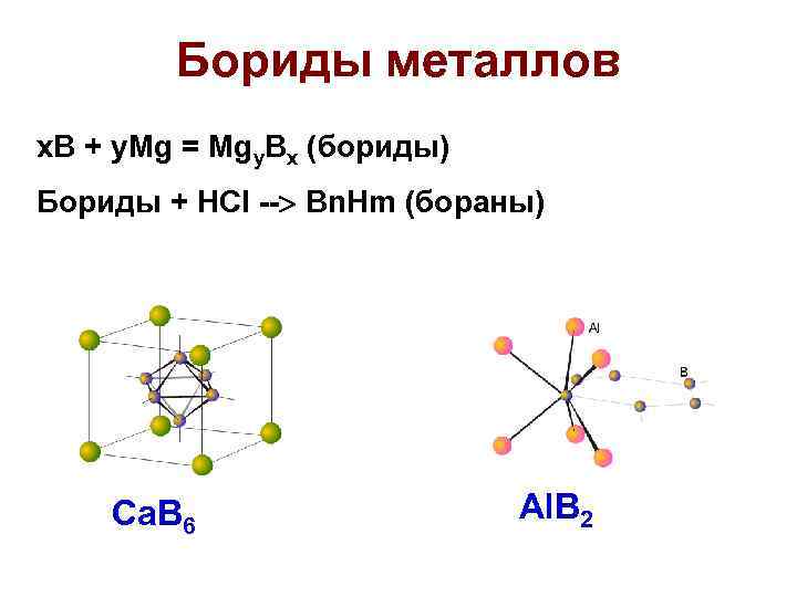 Бориды металлов x. B + y. Mg = Mgy. Bx (бориды) Бориды + НCl