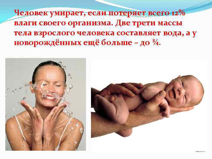 Человек умирает, если потеряет всего 12% влаги своего организма. Две трети массы тела взрослого