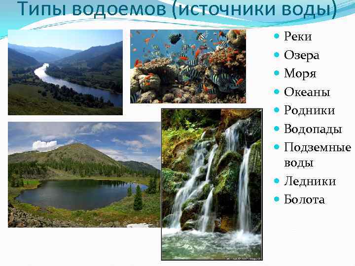Типы водоемов (источники воды) Реки Озера Моря Океаны Родники Водопады Подземные воды Ледники Болота