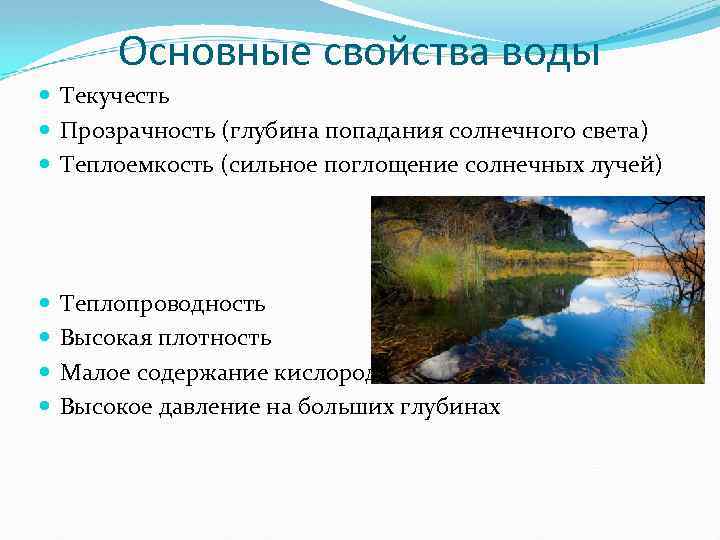 Основные свойства воды Текучесть Прозрачность (глубина попадания солнечного света) Теплоемкость (сильное поглощение солнечных лучей)