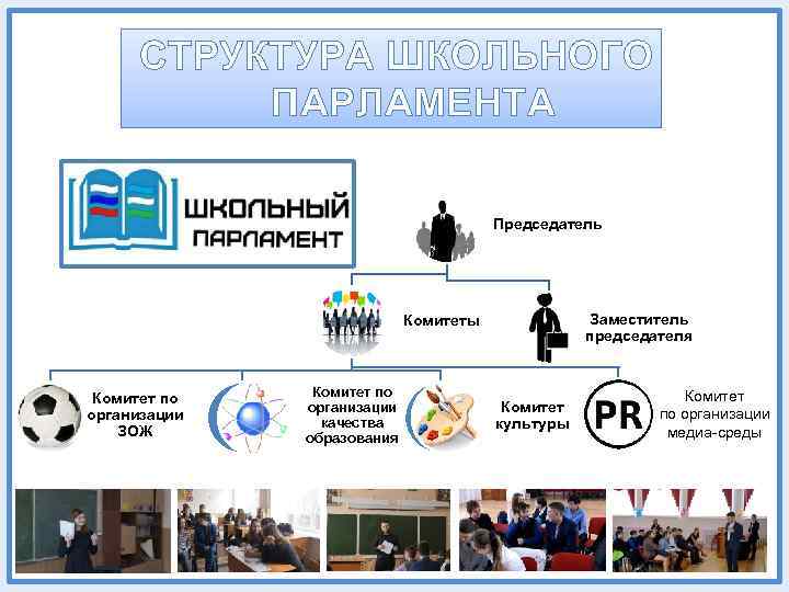 СТРУКТУРА ШКОЛЬНОГО ПАРЛАМЕНТА Председатель Заместитель председателя Комитеты Комитет по организации ЗОЖ Комитет по организации