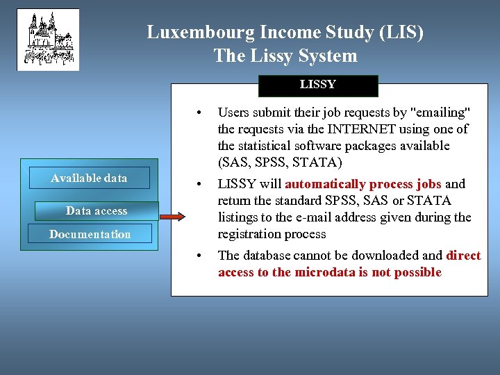 Luxembourg Income Study (LIS) The Lissy System LISSY • Available data Users submit their