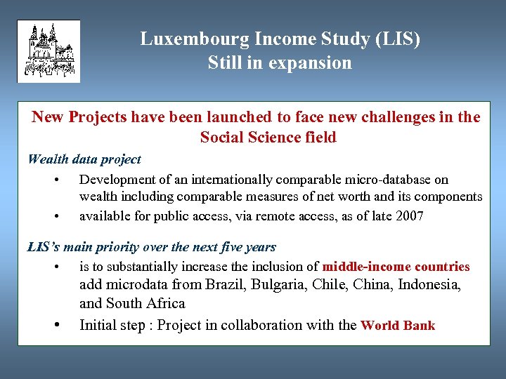Luxembourg Income Study (LIS) Still in expansion New Projects have been launched to face