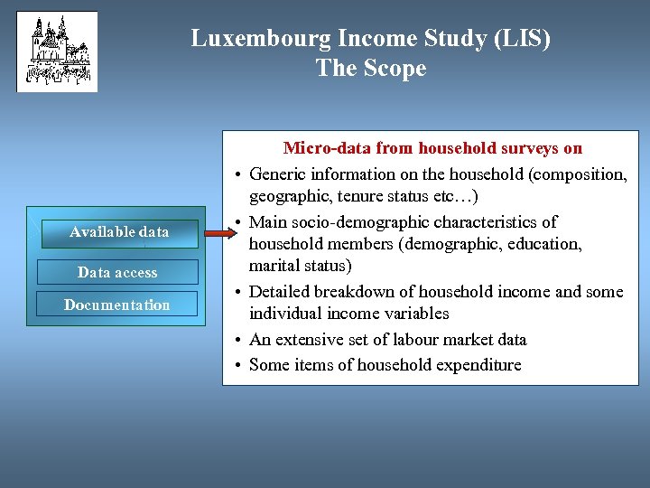 Luxembourg Income Study (LIS) The Scope • Available data Data access Documentation • •