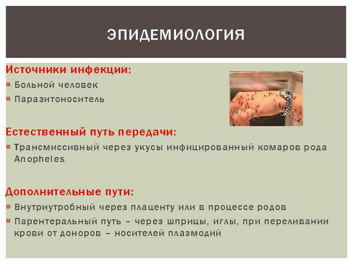 ЭПИДЕМИОЛОГИЯ Источники инфекции: Больной человек Паразитоноситель Естественный путь передачи: Трансмиссивный через укусы инфицированный комаров