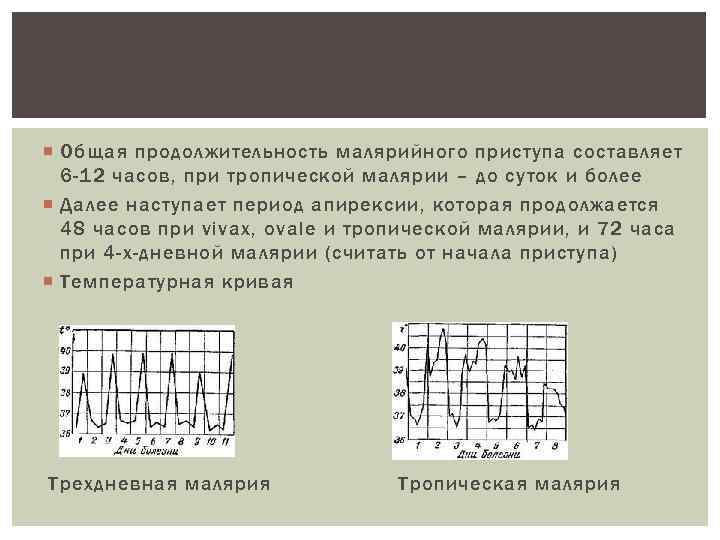  Общая продолжительность малярийного приступа составляет 6 -12 часов, при тропической малярии – до