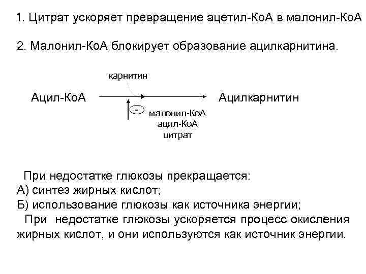 1. Цитрат ускоряет превращение ацетил-Ко. А в малонил-Ко. А 2. Малонил-Ко. А блокирует образование