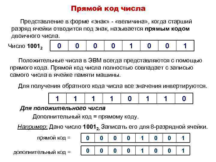 Прямой код числа Представление в форме «знак» - «величина» , когда старший разряд ячейки