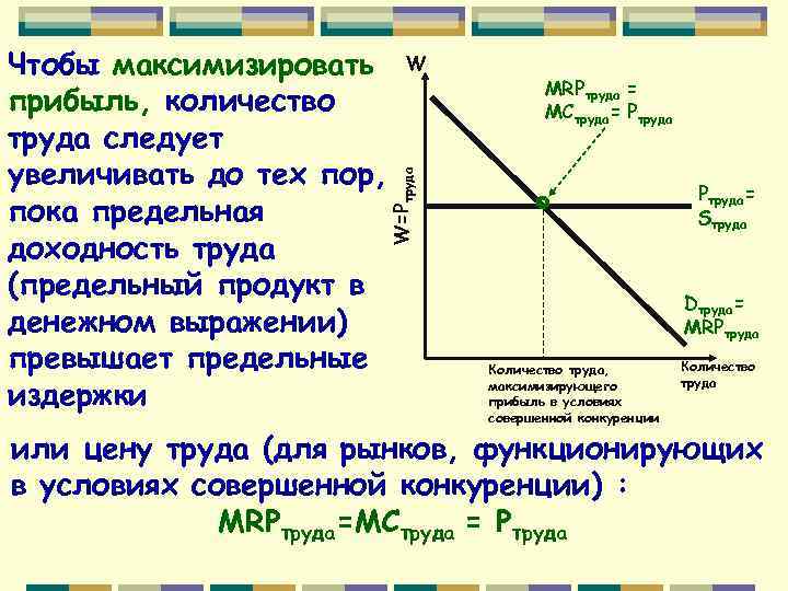 W MRPтруда = МСтруда= Ртруда W=Pтруда Чтобы максимизировать прибыль, количество труда следует увеличивать до